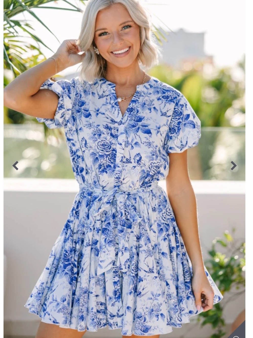 Aakaa White and Blue Floral Tie-Waist Mini Dress